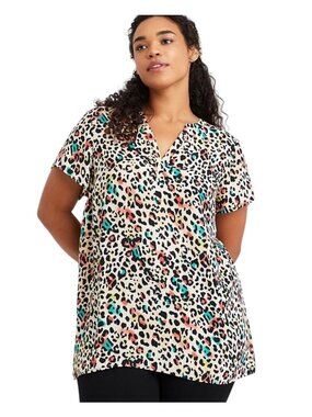 Torrid size 3X Multicolor Leopard Split-Neck Blouse Short Sleeve High-Low Hem